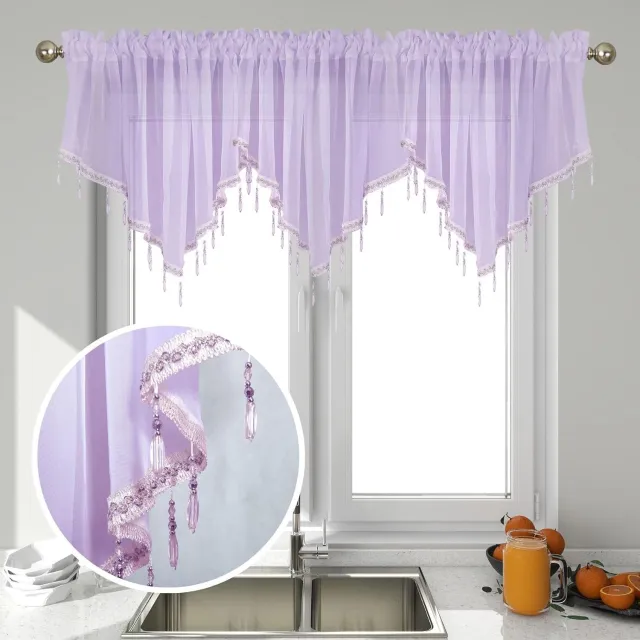 Huttutu Kort gordijn - 3-delige Set Korte Vitrage Valance met Kralen Driehoek Design - Roede Insteek Stijl - Geschikt voor Keuken Woonkamer Badkamer en Slaapkamer - Paars - Formaat 130x60 cm - 3 Stuks