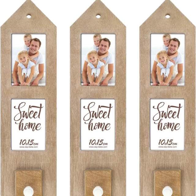 Zep 3x stuks houten fotolijstje met haakje 54 x 15 cm geschikt voor een foto van 10 x 15 cm Bruin