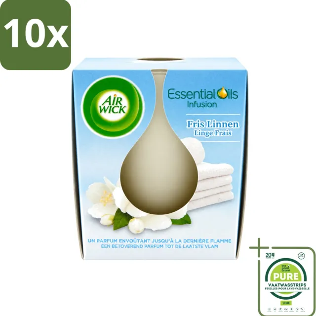 Air Wick 10 x Air Wick – Geurkaars – Fris Linnen met Essentiële Oliën – 105 g - Grootverpakking - Vaatwasstrips - Geurkaars - Fris Linnen - Essentiële Oliën - Sfeer In Huis - Warme Sfeer Wit