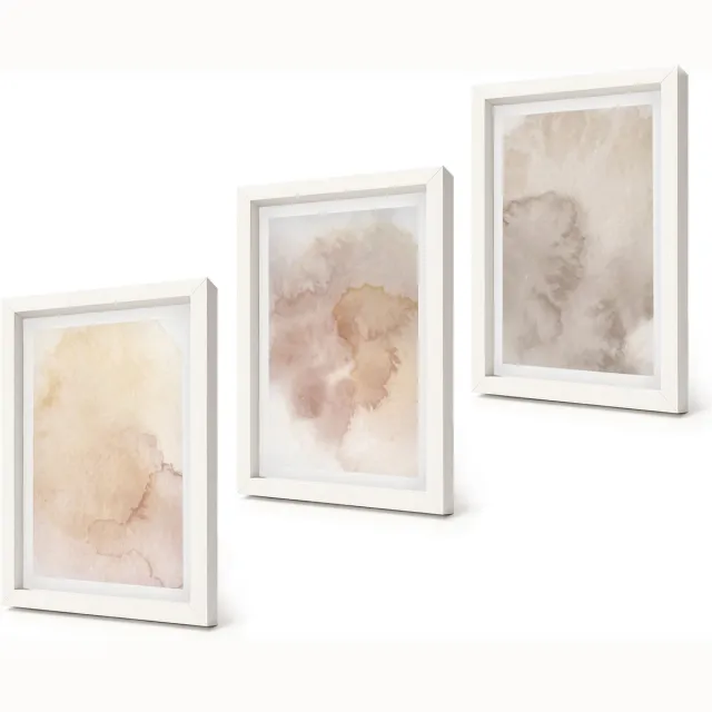 Coloray 3-Delige Schilderij Set - Warme aquarelverf op canvas, pasteltexturen - 20x30 - Muurdecoratie - Schilderijen Set - Woonkamer Witte lijst