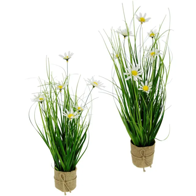 Unyqoos Natuurgetrouwe kunstgrasstruik met margrieten in stijlvolle jute pot Groen