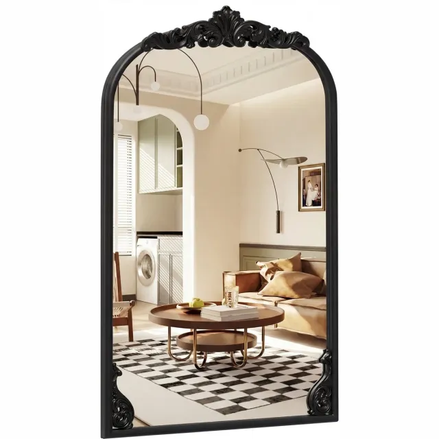 Costway Barokspiegel, Boogvormige Wandspiegel met Metalen Lijst, Antieke Boogspiegel, Decoratieve Spiegel voor Schouw, Woonkamer & Hal (61 x 90 cm, Zwart) Goud