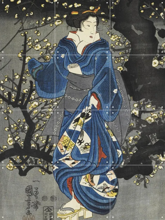 IXXI Plum blossoms at night, Utagawa Kuniyoshi & Victoria and Albert Museum - 60 x 80 cm - Grote wanddecoratie en posters - Ukiyo-e, Klassiek Blauw / Donkere tinten