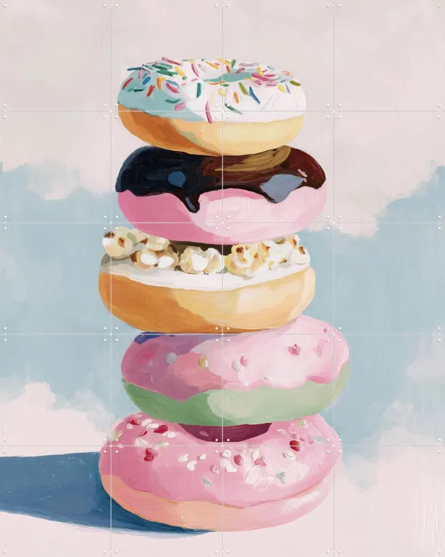 IXXI Pastel Donut Tower, Branka Kodžoman - 80 x 100 cm - Grote wanddecoratie en posters - Modern, Speels, Kleurrijk, Keuken, Eetkamer, Stilleven, Eten Wit / Roze