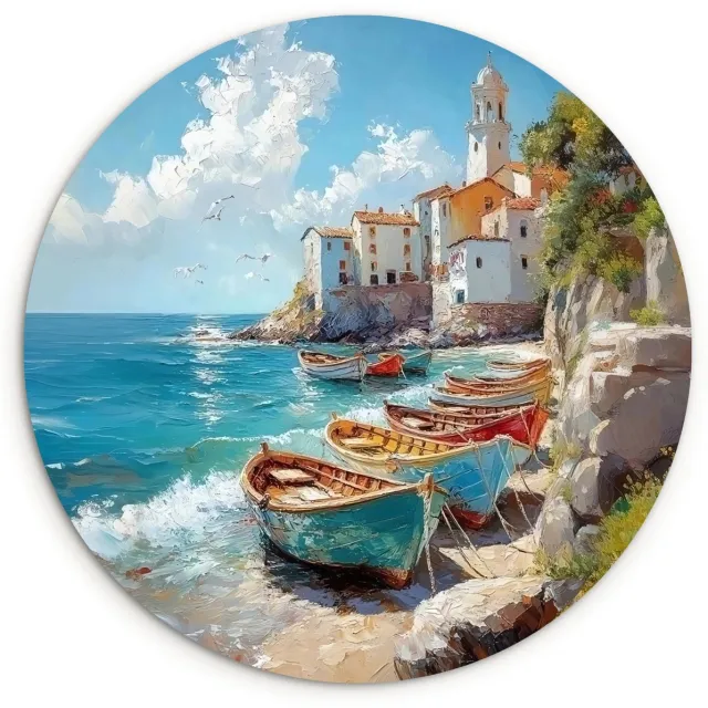 WallCircle Wandcirkel 30x30 cm - Muurcirkel Boten - Rotsen - Zee - Zon - Muurdecoratie woonkamer - Wanddecoratie slaapkamer - Kamer decoratie accessoires - Ronde schilderijen Boten - Zee - Rotsen