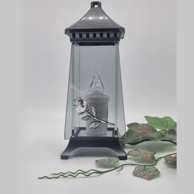 Lubema Herdenkingslicht - L-70t - Lantaren - Roosje - Zilver - Spiegel - Windlicht - Graflicht - Graflantaarn - Grafdecoratie