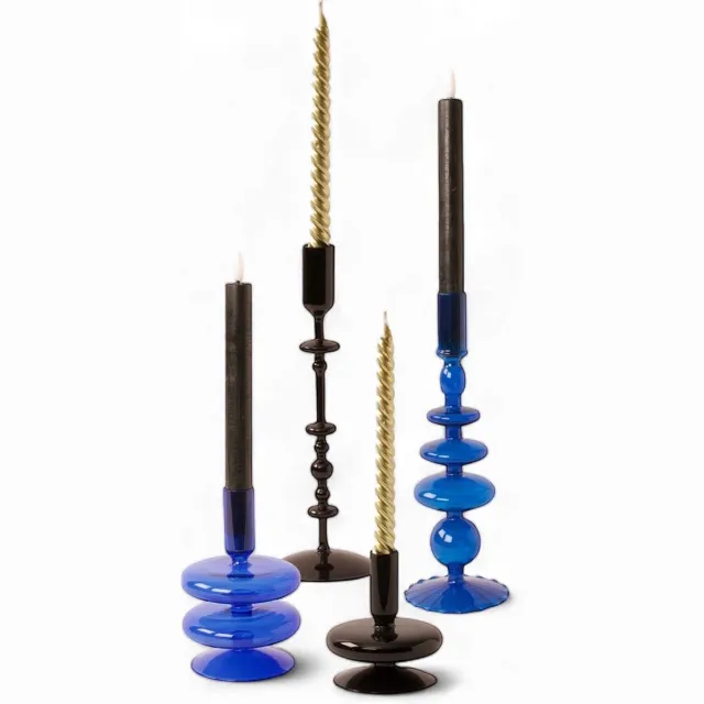 Winq Set Glaskandelaren in Zwart en Blauw-4stuks-Kandelaar zwart: blauw