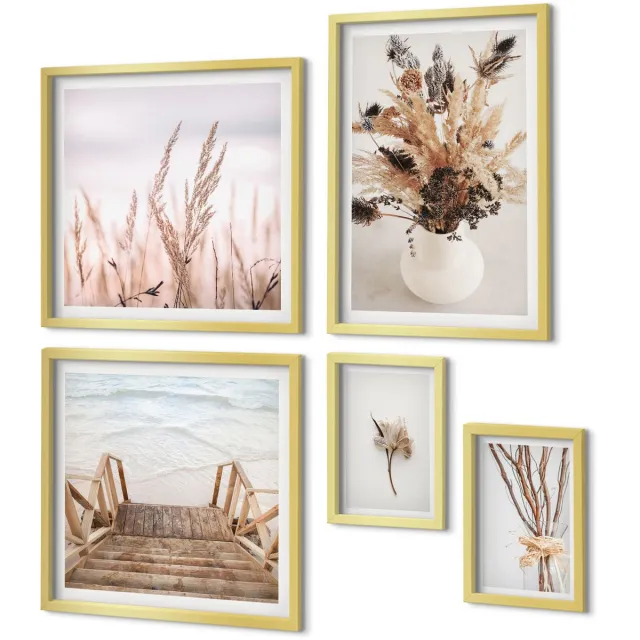Coloray 5-Delige Schilderij Set - Stijlvolle Decoraties Met Gedroogde Planten En Waterpartijen - 50 x 50 cm, 20 x 30 cm En 40 x 60 cm - Decoratieve Muurdecoratie - Slaapkamer - Wanddecoratie Gouden lijst