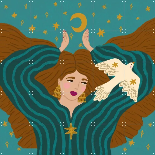 IXXI Let Go, Kirsten Blom Art & Illustration - 100 x 100 cm - Grote wanddecoratie en posters - Modern, Speels, Fantasierijk, Kleurrijk, Geometrische Blauw / Goud / Bruin
