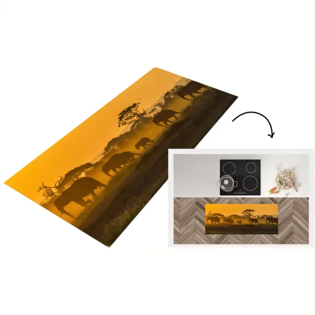 KitchenYeah Keukenloper - Loper keuken - Kudde olifanten bij zonsopkomst - Keukenloper vinyl Multicolor