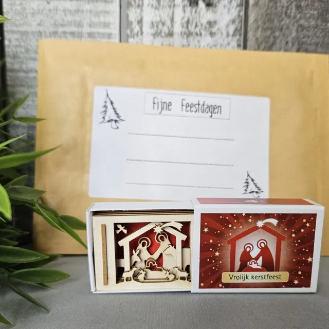 Don Estilo Mini houten Kerststal in doosje inclusief envelop, originele wenskaart Kerst, cadeau idee Kerst Wit