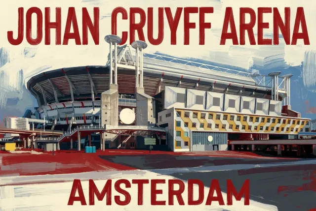 Atelier Iconique Johan Cruijff ArenA Ajax Hand-Painted Typography Poster Stadiums - Print op Canvas 90x60 cm - Atelier Iconique krachtige grafische postertinten met hoog contrast