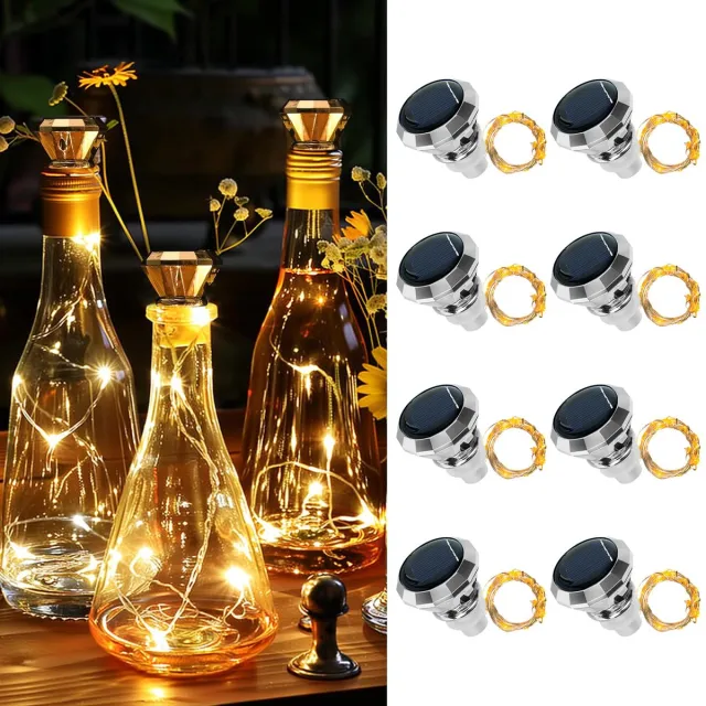 Dreamhigh Solar Flesverlichting - set van 8 LED-kurkverlichting - 2 meter Lichtsnoer met 20 LED's op zonn - Energie voor Buiten – Ideaal voor Doe - Het - Zelfdecoratie - Feestjes - Tuinen en Bruiloften