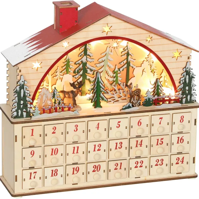 sogiol Houten Adventskalender om te vullen - 24 lades en vakjes - kerstkalender met ledverlichting - natuurlijk hout - 36 x 10 x 34 cm