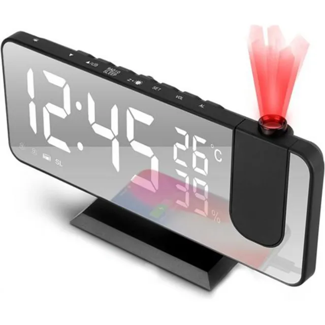 MODFU LED Wekker met FM Radio, Groot Display, Twee Alarmen, Temperatuur & Luchtvochtigheid, Projectie – 18,5x7,5x2 cm voor Slaapkamer, Nachtkastje of Bureau – Zwart Zwart-witlettertype