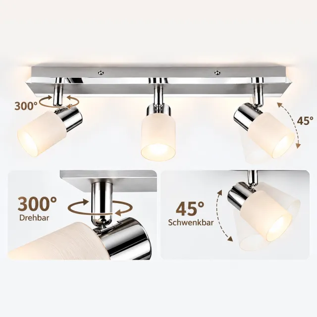 Trango 3-vlams plafondlamp 2007-38 chroomlook & ALU geborsteld *GRACE* incl. 3x G9 LED lampen 3.000K warm wit Badkamerlamp, gangverlichting, keukenverlichting, plafondlamp met draaibare spot 3-vlams Chroom