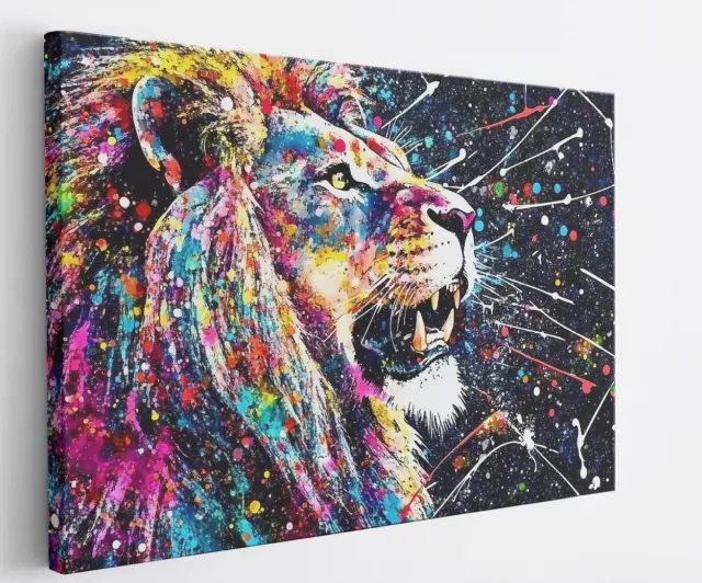 Saammp Canvas Schilderij - Kleurrijke Leeuw - verfspetters - Abstract - 40x30 - Foto op canvas - Wanddecoratie - Muurdecoratie Woonkamer - Slaapkamer decoratie - Canvas Print Multicolor