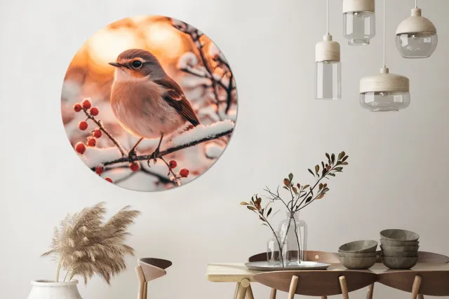 WallCircle Wandcirkel - Muurcirkel - Vogel - Tak - Winter - Dieren - Sneeuw - Aluminium - Dibond - 140x140 cm - Binnen en Buiten