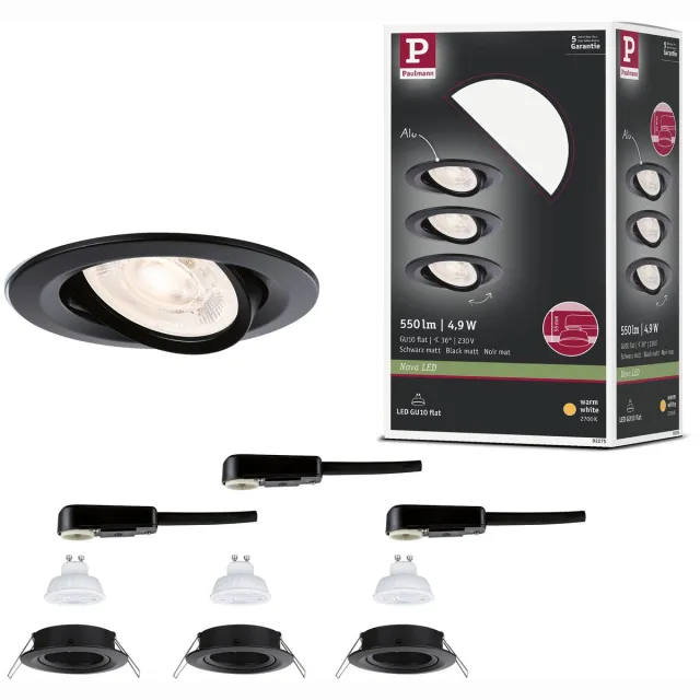 Paulmann LED-inbouwlamp Nova GU10 Flat draaibaar 3x4,9W 3x550lm 230V 2700K Zwart mat