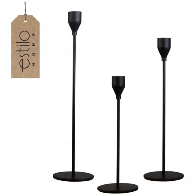 Estilo Home Set van 3 Zwarte Metalen Kandelaars op Voet - Klassiek & Loft