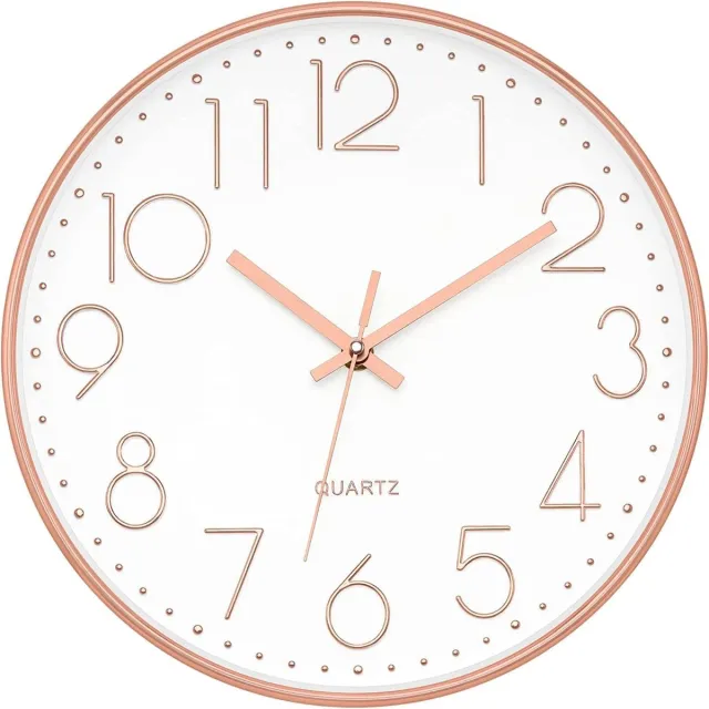 meerklose Wandklok, stille niet-tikkende moderne grote nummer ronde klok voor woonkamer slaapkamer keuken kantoor (12 inch, rose goud)