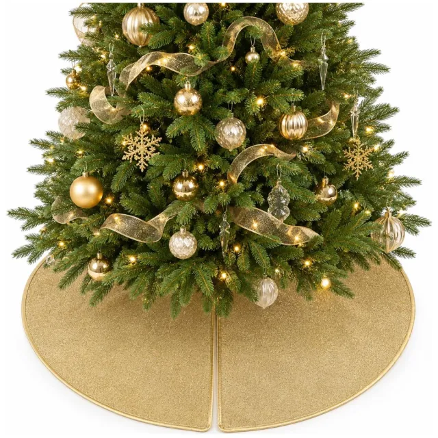 Decoris kerstboomrok - goud glitter - D90 cm - polyester - rond - kerstboomkleed Goudkleurig