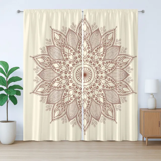 ABAKUHAUS Bruin Mandala Rustiek Gordijn, Rond Kant, Universele Gordijnen met Bandjes, Lussen en Haken voor de Woonkamer, 280 x 245 cm, Bruin en Ivoor
