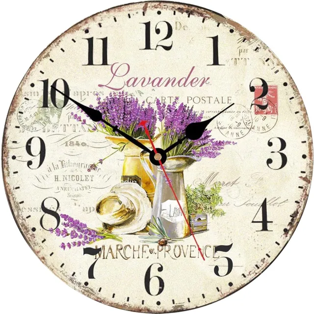 Famanu Vintage Houten Muurklok 30 cm Lila Lavendel Bloem Landhuisstijl Rustieke Klokken met Zachte Tikgeluid voor Woonkamer, Slaapkamer, Keuken en Eetkamer
