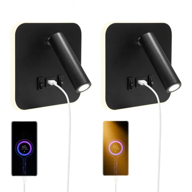 Stervia Nachtlampje - Set van 2 - Leeslampje - LED - Met USB Poort - 330° Draaibaar Lampje - 3000K Licht - Zwart - 14.5 x 14.5 cm