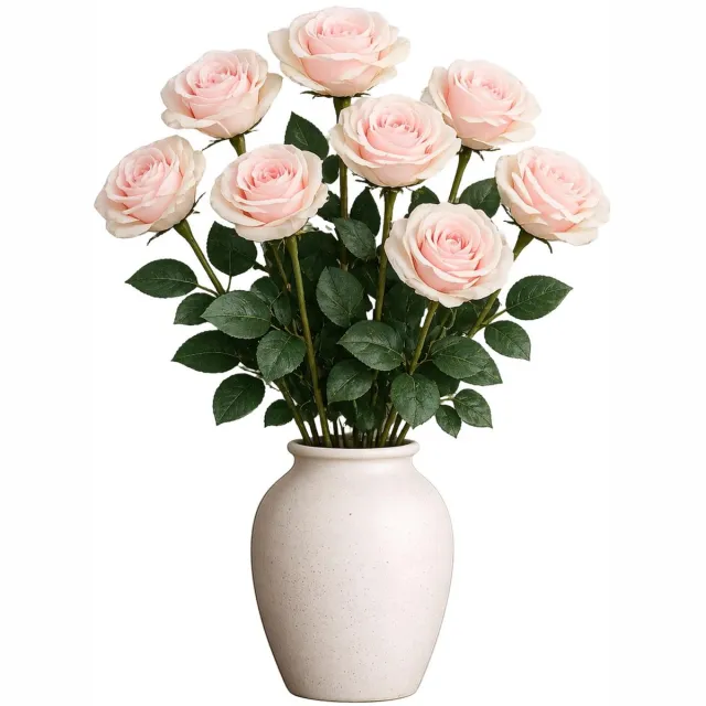 Mica Decorations Kunstbloem Roos Valentine - 8x - H59 cm - lichtroze - kunststof - stelen kunstbloemen - boeket - rozen bloemetjes - Valentijnsdag