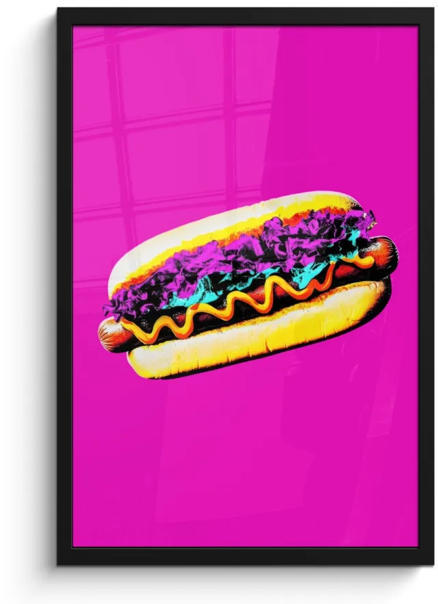 FrameYourWall Poster in lijst - Fotolijst 40x60 cm - Posters - Hotdog - Roze - Retro - Posterlijst zwart - Decoratie - Wanddecoratie woonkamer - Muurdecoratie slaapkamer