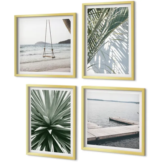 Coloray 4-Delige Schilderij Set - Schommel van palmbladeren en houten brug - 40 x 40 cm en 40 x 60 cm - Decoratieve Schilderijen - Wanddecoratie - Hal - Interieur Decoratie Gouden lijst
