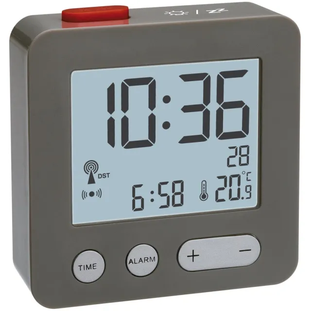 TFA Dostmann TFA wekker/reiswekker - digitaal - alarmklok - wit - 7 cm - kunststof - zendergestuurd - atoomklok Grijs