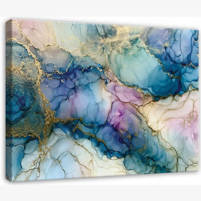 WALLARENA Schilderij op canvas - 100x70 cm - gouden marmerabstractie in glamourstijl - wanddecoratie voor woonkamer en slaapkamer Blauw