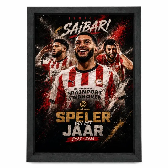 Joshimo Ismael Saibari Poster PSV | Speler van het Jaar 2025-2026 | Inclusief Zwarte A4 Lijst