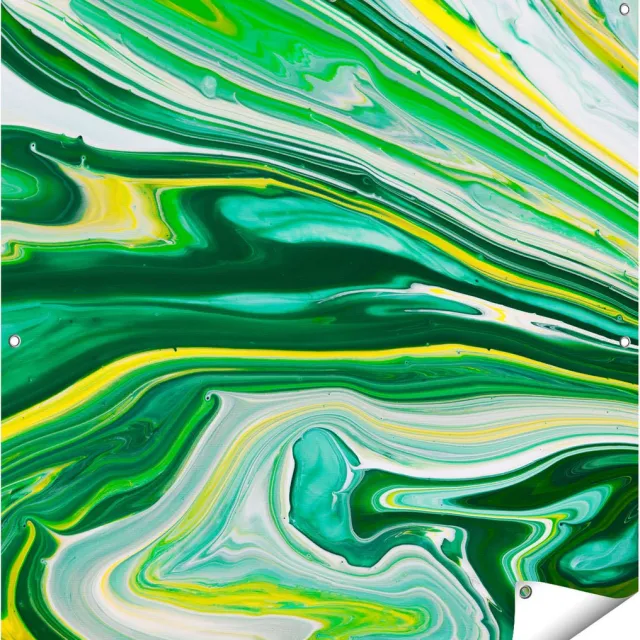 Gards Tuinposter Abstracte Kunst - Groen met Gele Verf - 100x100 cm - Tuindoek - Tuindecoratie - Wanddecoratie buiten - Tuinschilderij Multikleur