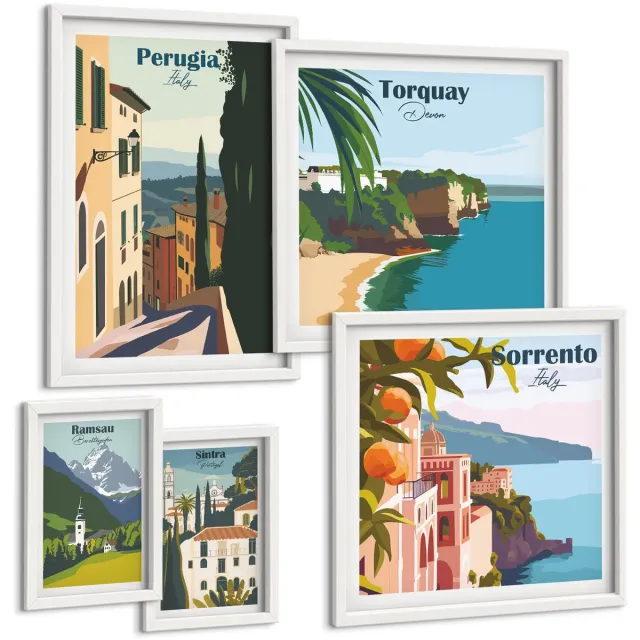 TULUP 4-Delige Schilderij Set - Uitzichten op pittoreske straatjes in Italiaanse steden - 50 x 50 cm, 20 x 30 cm en 40 x 60 cm - Wanddecoratie - Woonkamer Decoratie - Muurdecoratie Witte lijst