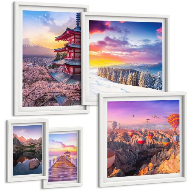 Coloray 5-Delige Schilderij Set - Aziatische Landschappen Met Bergen En Bloeiende Bomen - 50 x 50 cm, 20 x 30 cm En 40 x 60 cm - Decoratieve Muurdecoratie - Slaapkamer - Stijlvolle Muurdecoratie Witte lijst