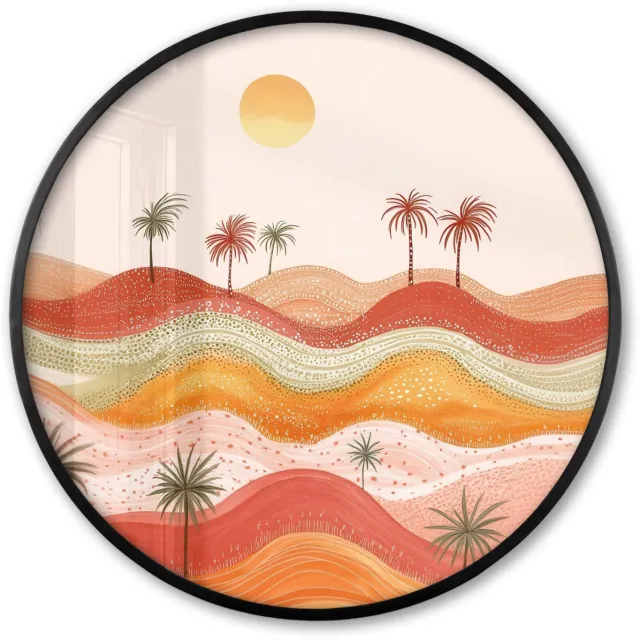 FrameYourWall Poster in lijst Rond - Fotolijst 60x60 cm - Posters - Abstract landschap - Palmbomen - Kleurrijk - Ronde posterlijst zwart - Decoratie - Wanddecoratie woonkamer - Muurdecoratie slaapkamer