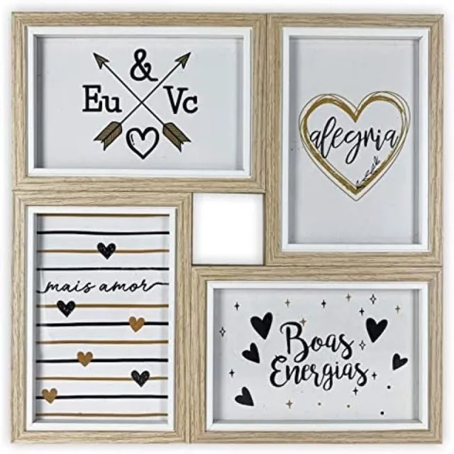 PromoHome Meervoudige Fotolijst Wanddecoratie - 4 Foto's 10x15 cm Beige Houten Fotocollage Muurdecoratie Herinneringen Foto Frame
