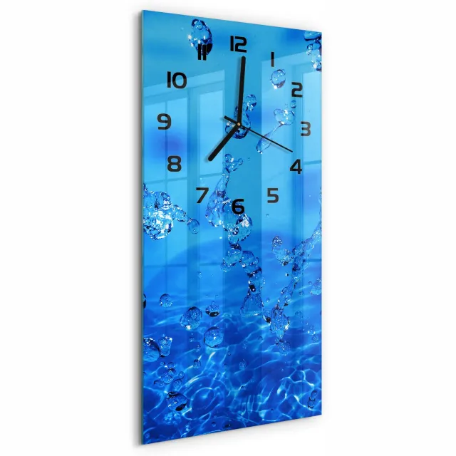TULUP Wandklok - Waterdruppels Decoratieve Glazen Klok - 30x60 cm - Blauw Glazen Wandklok Design - Zwarte handen - Rechthoekige Klok - Glazen Klok Met Print - Wandklok Glas Met Motief