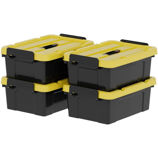 Famanu Opbergdozen set van 4 stuks, 15 liter, plastic opbergdozen met deksels en handvatten, stapelbaar en nestbaar, voor gereedschap, buiten, tuin en huis, zwart en geel