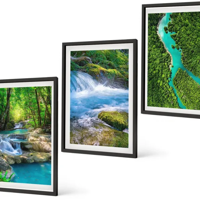 Coloray 3-Delige Schilderij Set - Groene Bossen En Kristalhelder Rivierwater - 40 x 60 cm - Decoratieve Muurdecoratie - Slaapkamer - Woonkamer Decoratie Zwarte lijst