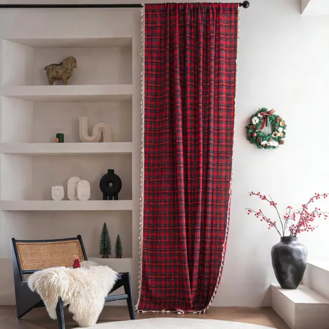 Floraweg gordijnen in Scandinavische stijl met rode ruitjes en franjes, halfverduisterend, Amerikaanse landhuisstijl, decoratieve gordijnen voor de woonkamer en het balkon, 140 x 160 cm wijnrood