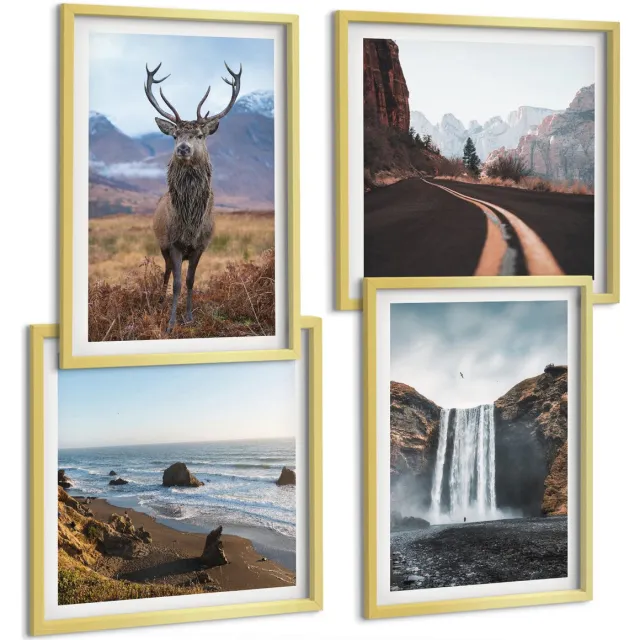 TULUP 4-Delige Schilderij Set - Berglandschappen met waterval, herten en strand - 40 x 40 cm en 40 x 60 cm - Decoratieve Schilderijen - Woonkamer - Interieur - Moderne Wanddecoratie Gouden lijst