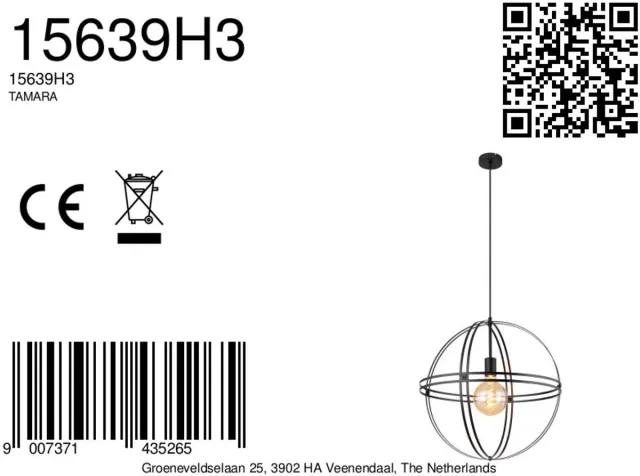 Globo Hanglamp - zwart - TAMARA - metaal - Ø 50cm - E27 - 15639H3 - Globo