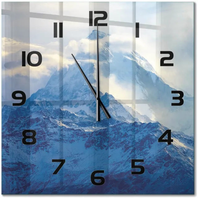 TULUP Wandklok - bergtop Glazen Klok Met Print - 60x60 cm - Blauw Wandklok Glas Met Motief - Zwarte handen - Vierkante Klok - Wandklok Glas Decoratie - Gekleurde Glazen Klok