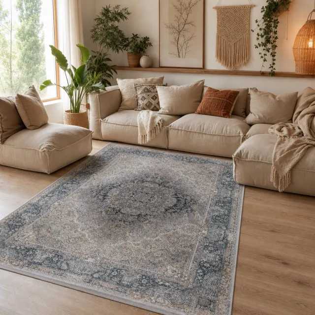 Muratap Star Klassiek Oosters Vloerkleed Wasbaar Anti Slip Grijs Blauw- 200x290 CM
