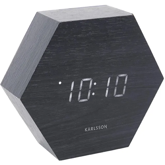 Karlsson Wekker Hexagon - Zwart fineer, Wit LED - 13x11x4,5cm - Scandinavisch