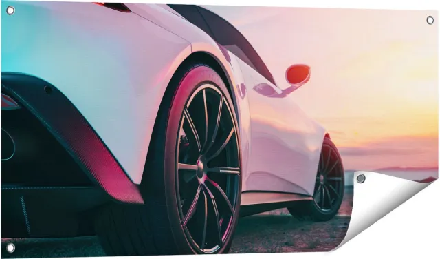 Gards Tuinposter Witte Sportwagen Auto - 100x50 cm - Tuindoek - Tuindecoratie - Wanddecoratie buiten - Tuinschilderij Multikleur